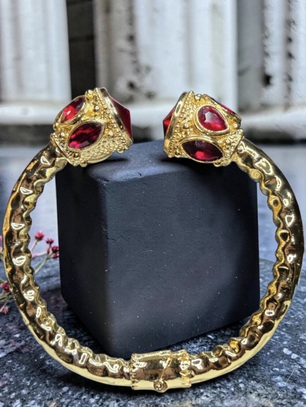 Byzantine Ottoman Dynasty 24k Gold Plated Chunky Ruby Crystal Clamper Bracelet